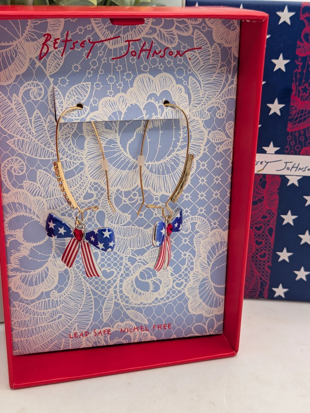 Betsey Johnson Red, White & Blue Star Ribbon Hoop Earrings